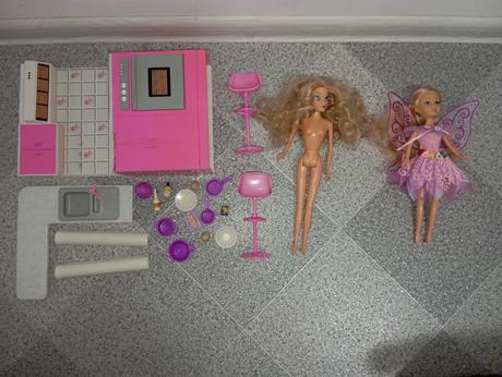 Barbie kuchyňa, barový pult, stoličky, riady, 