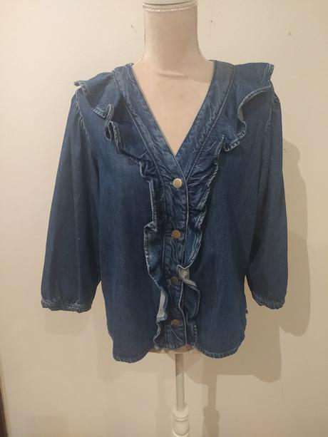 Riflová košeľa s volanikom, zara,m