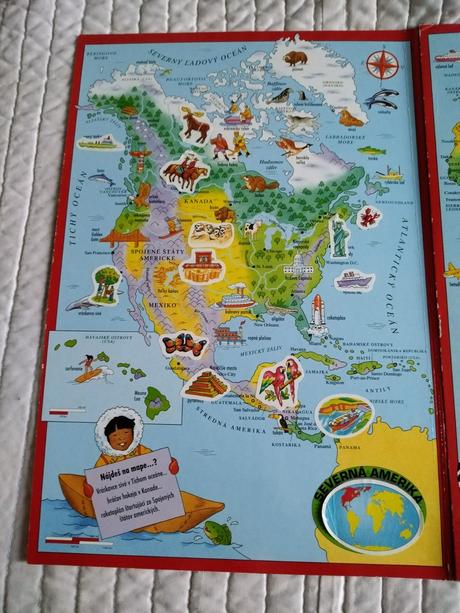 Retro detský atlas s nálepkami okolo sveta,