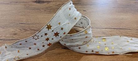 Ozdobná stuha - 60 mm - hviezdičky - režný podkla, 