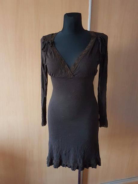 Tmavohnedé viskózové talianske šaty s čipkou vel.m, m