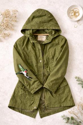 Olivová parka s kolibríkom, takko,xs