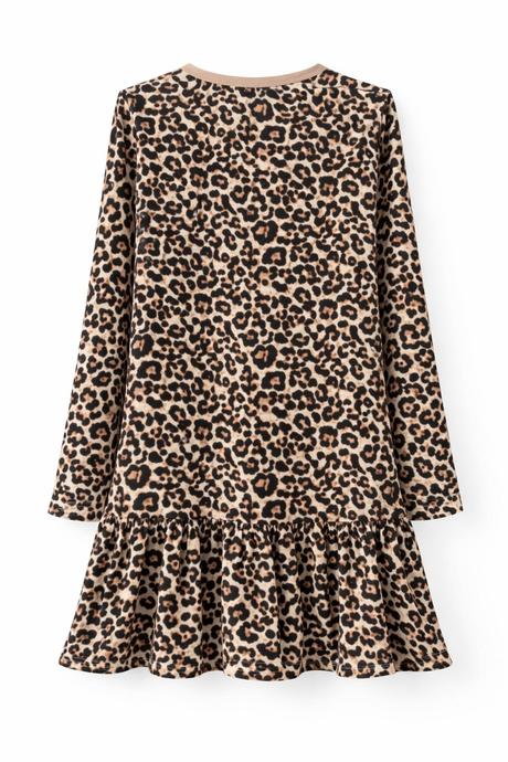 Dievčenské leopardie šaty s volánom, áčkový strih, 146 / 152 / 158