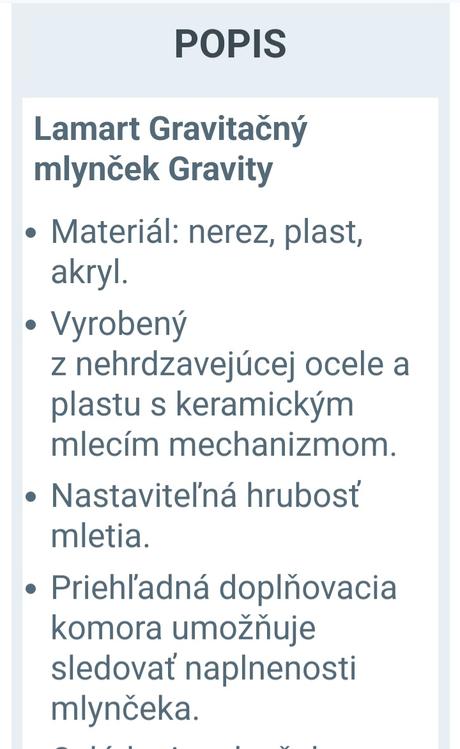 Gravitačný mlynček lamart korenička solnička, 