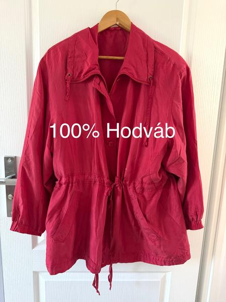 Hodvábna bunda parka vintage, malinovo červená,,