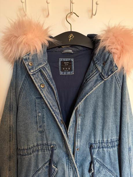 Denim parka s ruzovou kozusinou - bershka, bershka,s