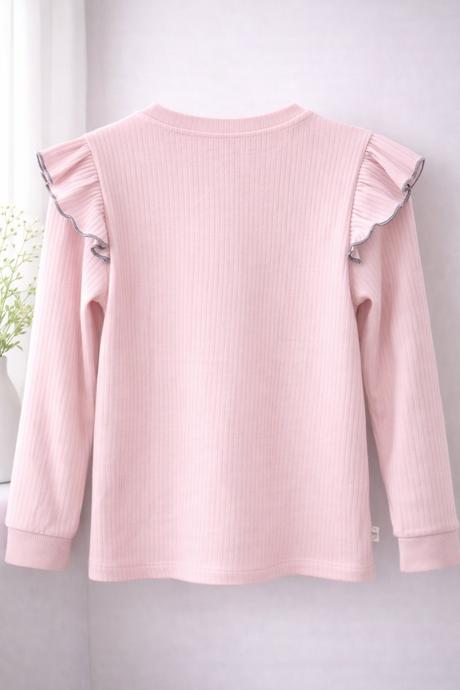 Dievčenské svetloružové rebrované tričko s volánmi, coolclub,98 / 122