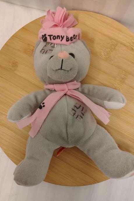 Plyšový sivý medveď s čiapkou a šálom, tony  29 cm, 