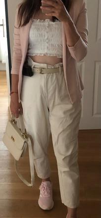 Krémové bavlnené nohavice s vysokým pásom s/m, s