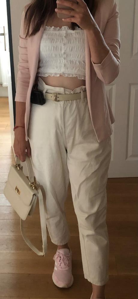 Krémové bavlnené nohavice s vysokým pásom s/m, s