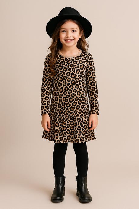 Dievčenské leopardie šaty s volánom, áčkový strih, 128 - 158