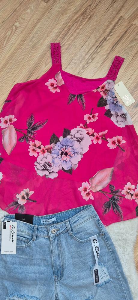 Set blúzka/top a džínsy +perličková čelenka grátis, m