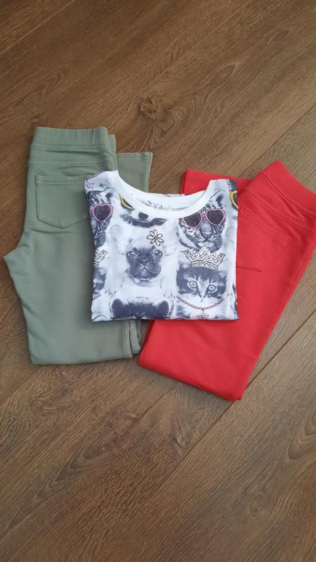 2x džegíny + tričko mačička v.134, h&m,134