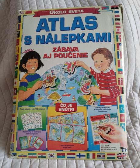 Retro detský atlas s nálepkami okolo sveta,