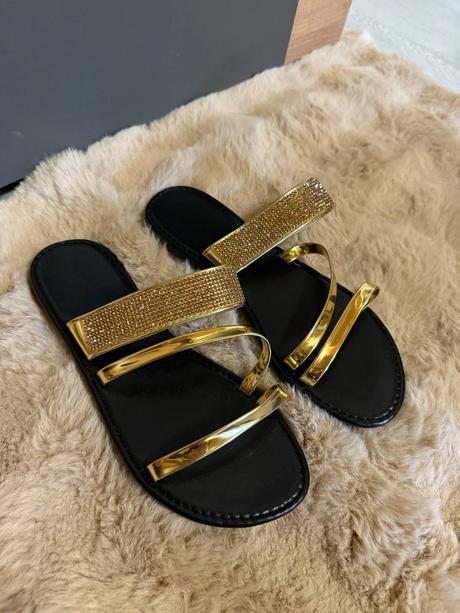 Black/gold crystals damske nove slapky-sandalky, 38
