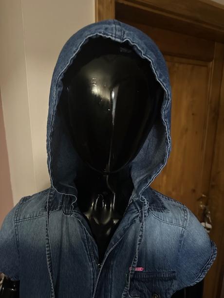 Džínsový overal na zips s kapucňou zn. retro, m