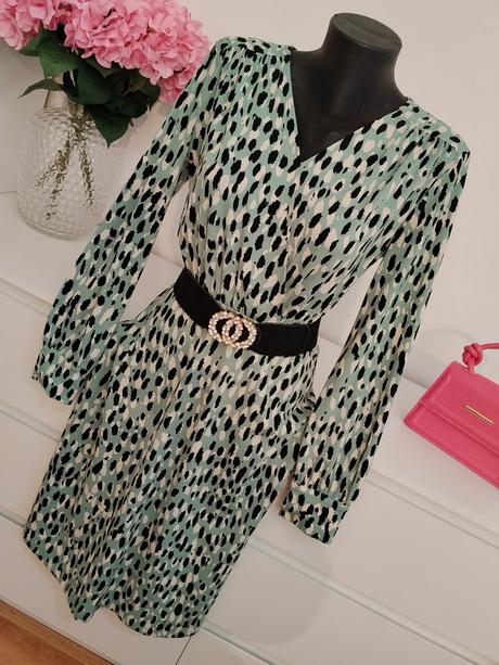 H&m elegantné mint vzorované šaty s dlhým rukávom, h&m,s