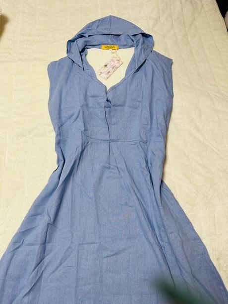 Bledomodré ľanové voľné šaty s kapucňou xl, xl