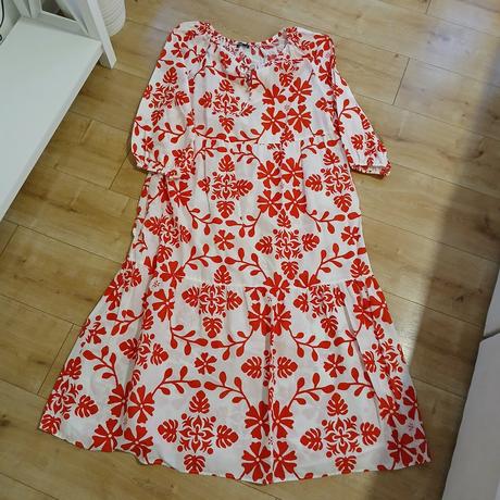 Bielo-červené kvetované dlhé šaty, f&f,48