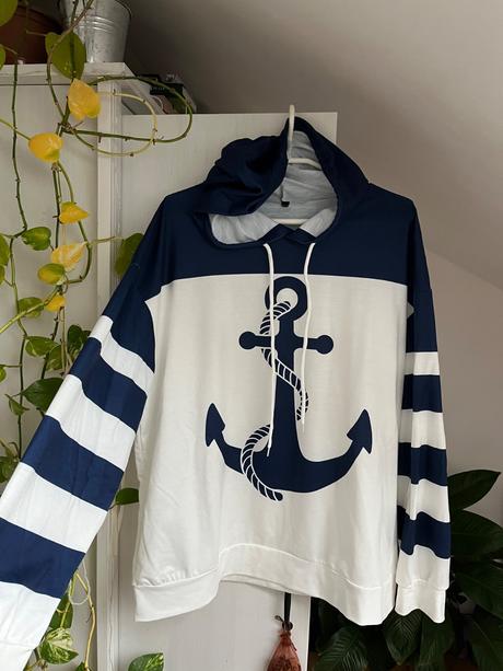 Dámska modrá mikina s kapucňou/ biela mikina, xl