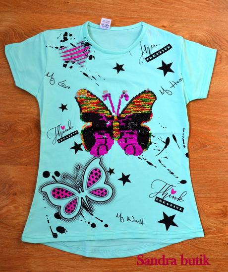 Detské tričko bavlnené flitrované meniaci motýľ, 104 - 170