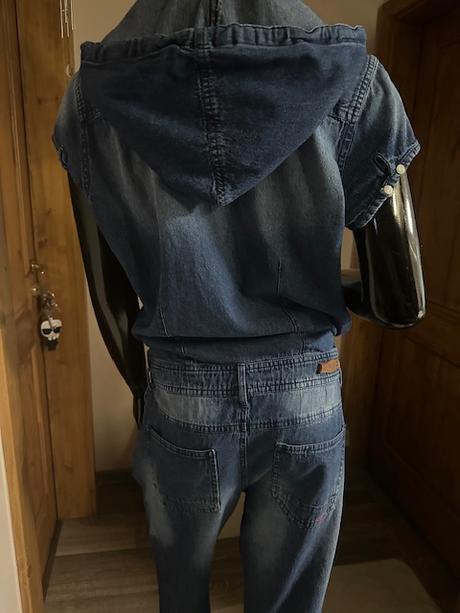 Džínsový overal na zips s kapucňou zn. retro, m