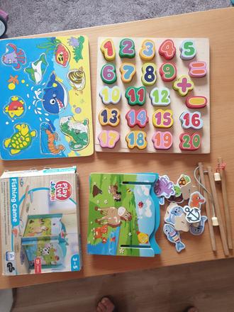 3x drevene hracky rybolov+cislice, 