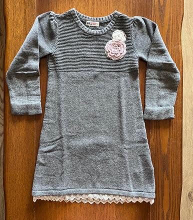 Teplé pleteninové šaty s čipkou a ružami 122/128, h&m,122