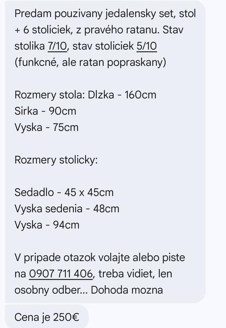 Predám ratanovu jedálenská súprava, 