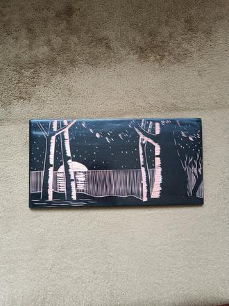 Retro drevený obraz - nočná krajina, ručná práca, 