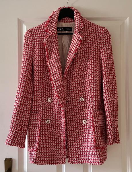Bielo - červené kárované bavlnené sako zara, xs/34, zara,xs