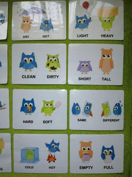 16 ks montessori kartičiek - protiklady sovičky,