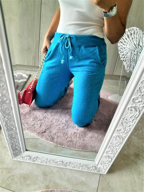 Tyrkysové tepláky s kamienkami-m/l, m