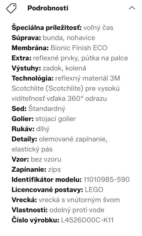 Lego súprava thermo set bunda a nohavice v.140, lego,140