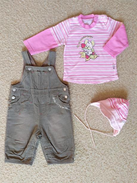 Menčestrové nohavice na traky 62/68 +tričko,čiapka, 62