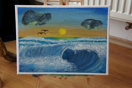 Ručne maľovaný obraz   morská vlna, západ slnka, 