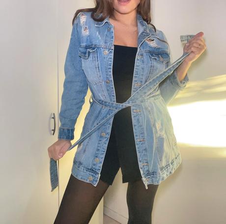 Rifľová bunda s opaskom a kabelkou erika fashion, s