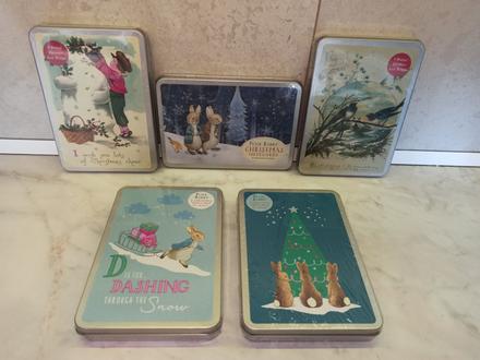 Vintage christmas notecards in tin, 