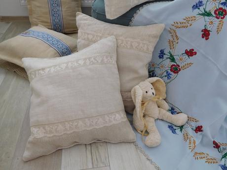 Vankúše z ľanového plátna , obrus starodávny, 