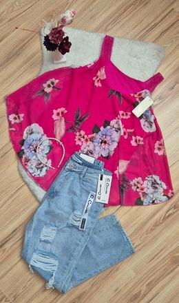 Set blúzka/top a džínsy +perličková čelenka grátis, m