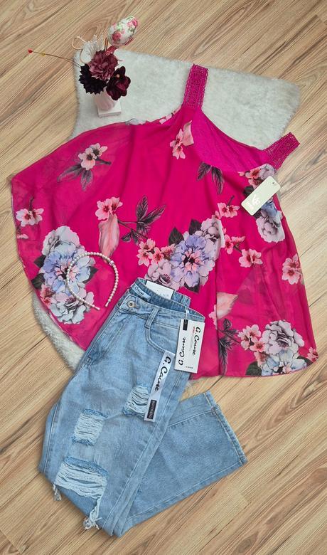 Set blúzka/top a džínsy +perličková čelenka grátis, m