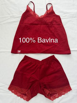 Červené pyžamo komplet, bavlna s čipkou, s