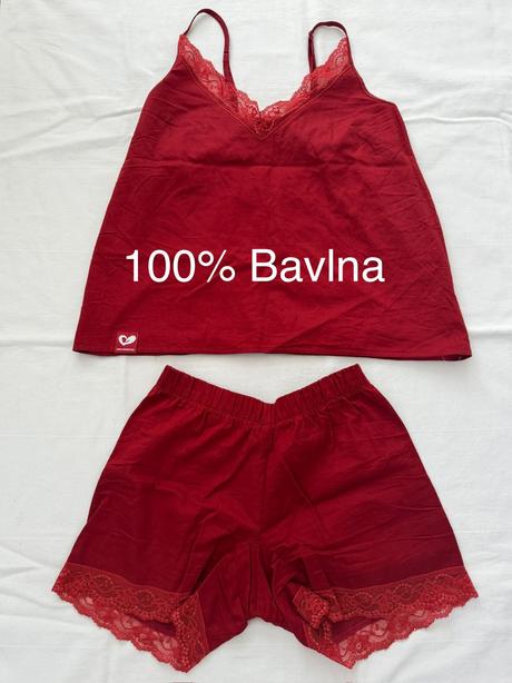 Červené pyžamo komplet, bavlna s čipkou, s