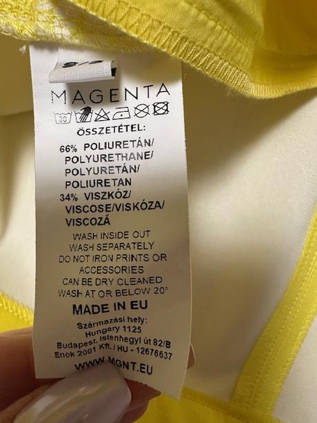 Nádherný kombinovaný žltý sukňový kostým magenta, l / m