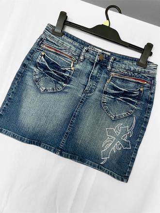 Dámska tmavomodrá rifľová minisukňa s výšivkou, 36 / s