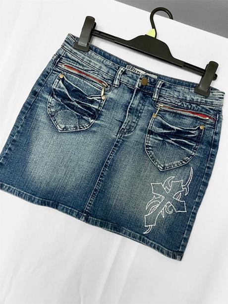 Dámska tmavomodrá rifľová minisukňa s výšivkou, 36 / s