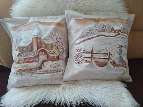 Maľované vankúše so zimnou krajinkou,