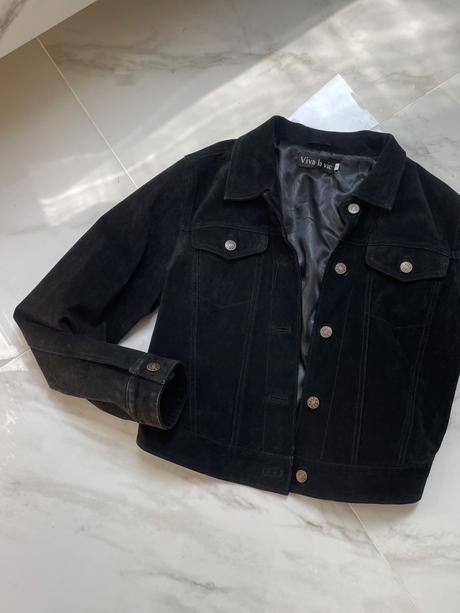 Vintage black suede bunda kožená, s