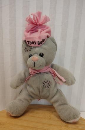Plyšový sivý medveď s čiapkou a šálom, tony  29 cm, 