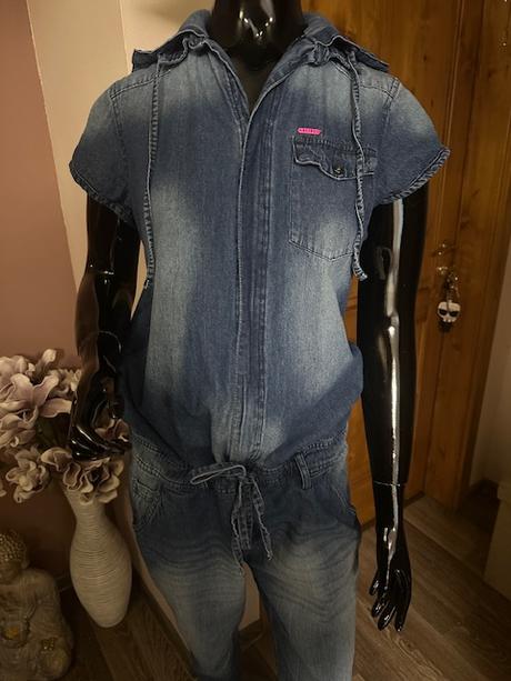 Džínsový overal na zips s kapucňou zn. retro, m